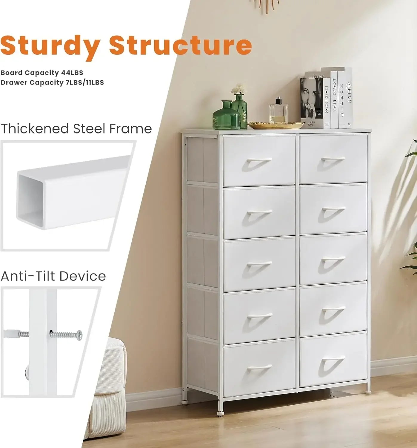Dresser, Dresser for Bedroom Furniture, Storage Drawers, Fabric Storage Tower with 10 Drawers, Chest of Drawers with Steel Frame