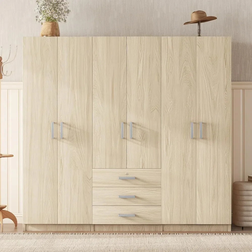 Large Wardrobe Closet 6 Doors, 70.9" W Wooden Wardrobe Cabinet with Big Drawers, Bedroom Armoire Dresser Wardrobe Clothes Organi