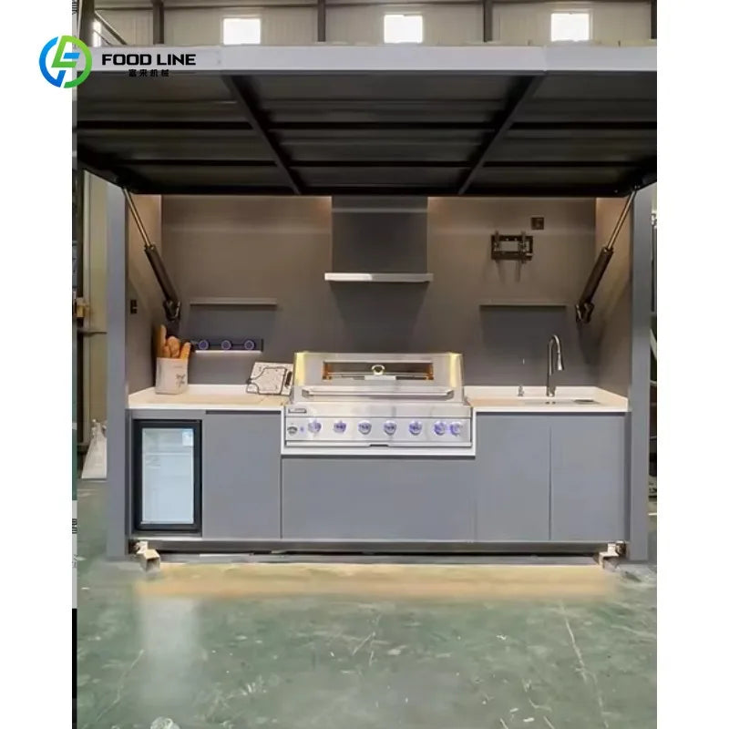 Customized Weatherproof Outdoor Kitchen With Grill Fridge And Stone Top For Home Garden Backyard Party & Commercial Catering Use