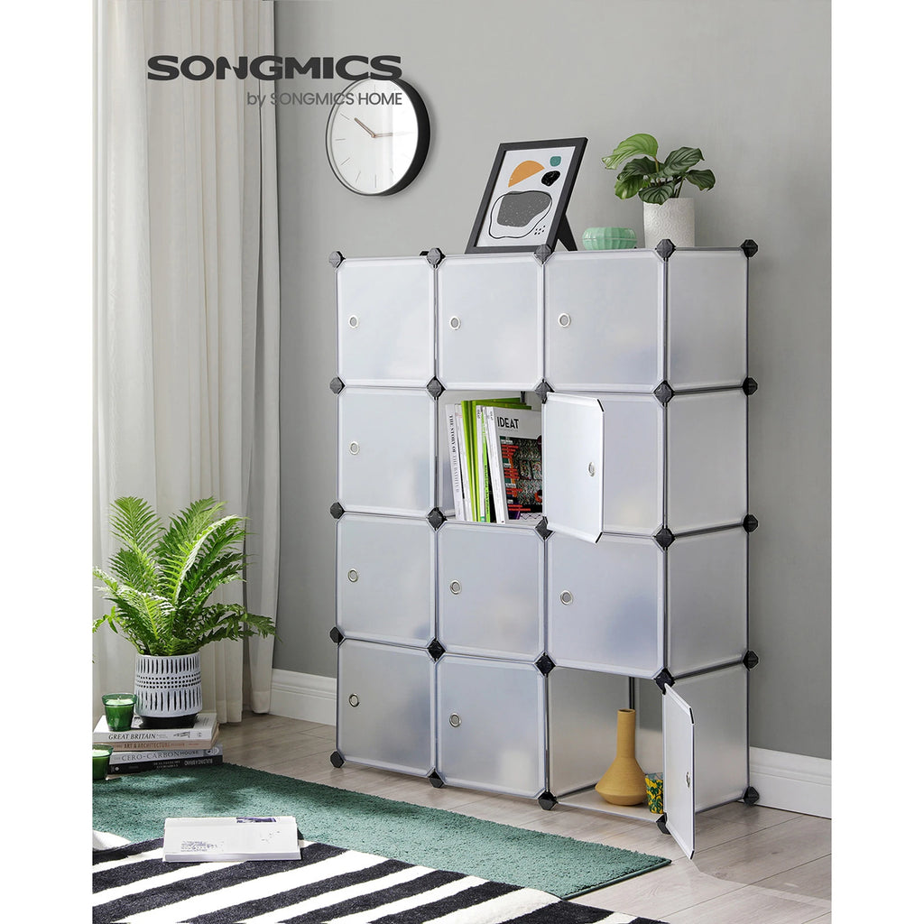 SONGMICS 12-Cube Storage Unit, Shoe Rack, Stackable Cubes, Plastic Closet Cabinet, Wardrobe, with Doors