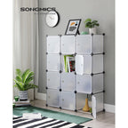 SONGMICS 12-Cube Storage Unit, Shoe Rack, Stackable Cubes, Plastic Closet Cabinet, Wardrobe, with Doors