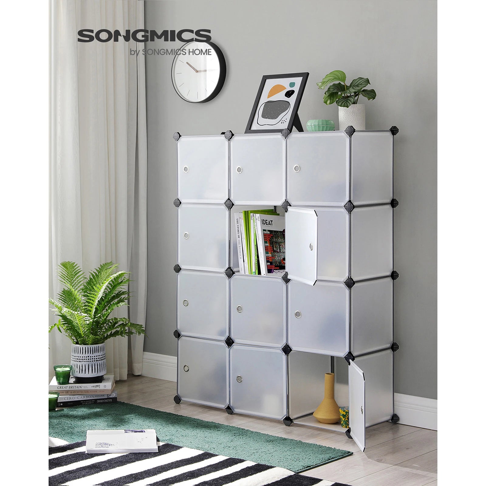 SONGMICS 12-Cube Storage Unit, Shoe Rack, Stackable Cubes, Plastic Closet Cabinet, Wardrobe, with Doors