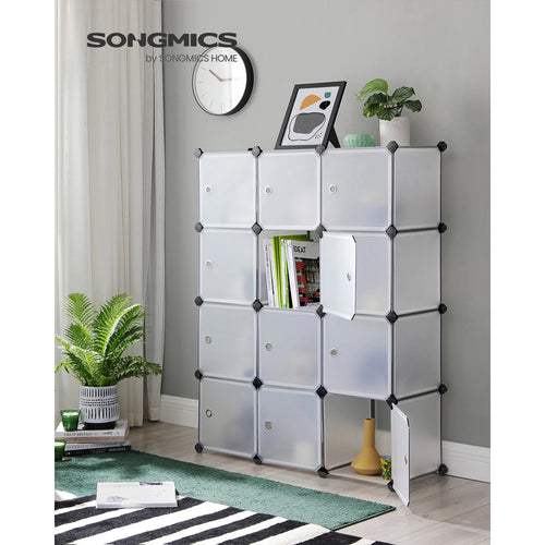 SONGMICS 12-Cube Storage Unit, Shoe Rack, Stackable Cubes, Plastic Closet Cabinet, Wardrobe, with Doors