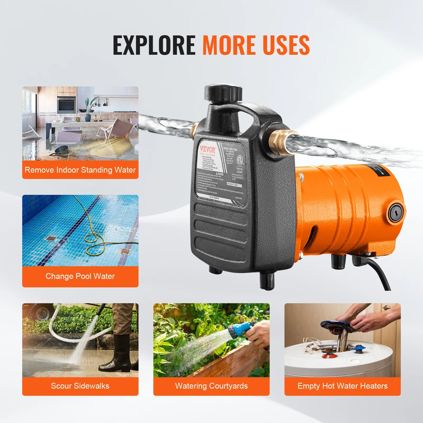 VEVOR Cast Iron Water Transfer Pump 115V AC 1600GPH 1/2HP Portable for Garden, Rain Barrel, Pond, Hot Tub, Aquarium Draining