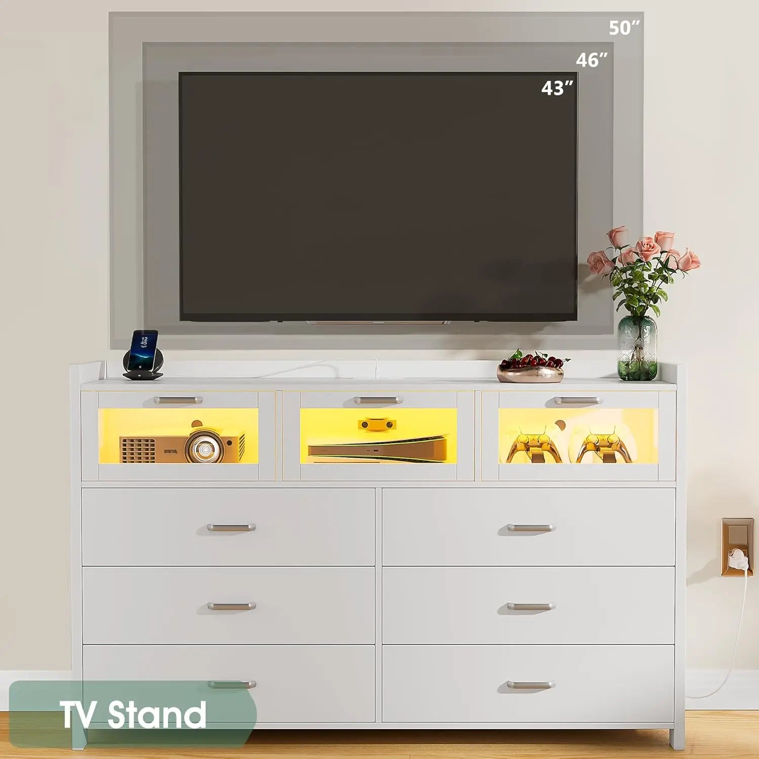 White Dresser for Bedroom, 9 Drawers Dresser with LED Lights and Charging Station, Chest of Dresser for Bedroom.