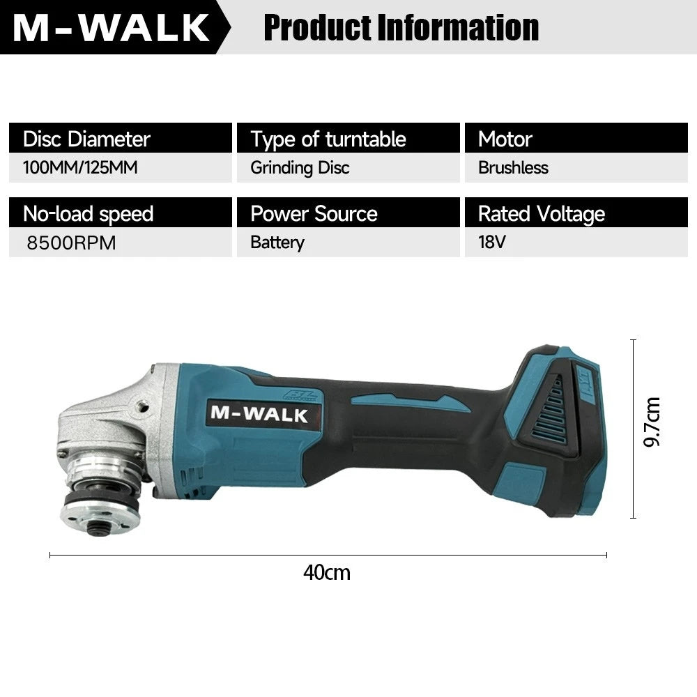 M-WALK 100/125mm Brushless Angle Grinder Polishing Cutting Machine Cordless Angle Grinder Power Tools For Makita 18V Battery Pin