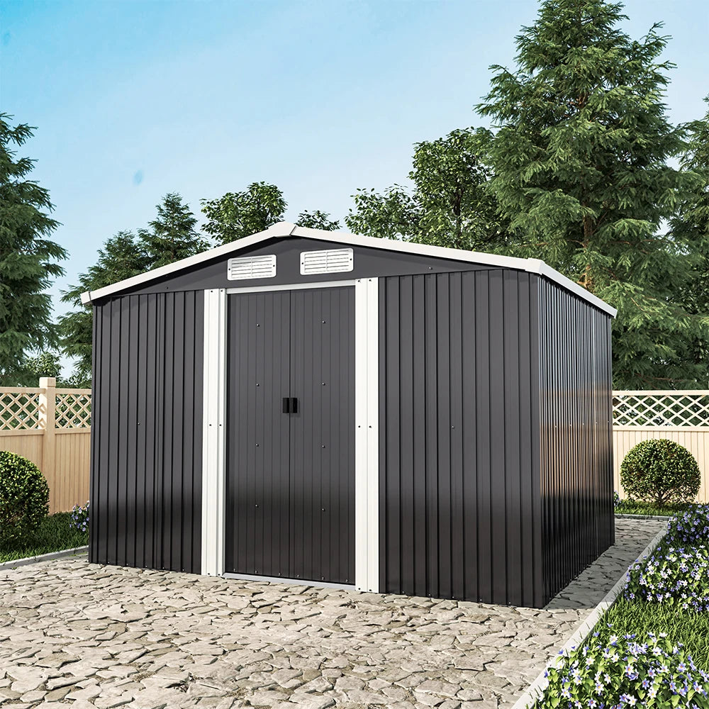 【Breeins】6 X 8 FT Black Outdoor Storage Shed, Metal Large Shed Garden with Air Vent, 2 Slide Door