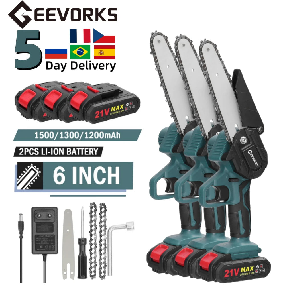 Geevorks 6 Inch Chain Saw Cordless Handheld Pruning Chainsaw Woodworking Electric Saw Cutting Power Tools