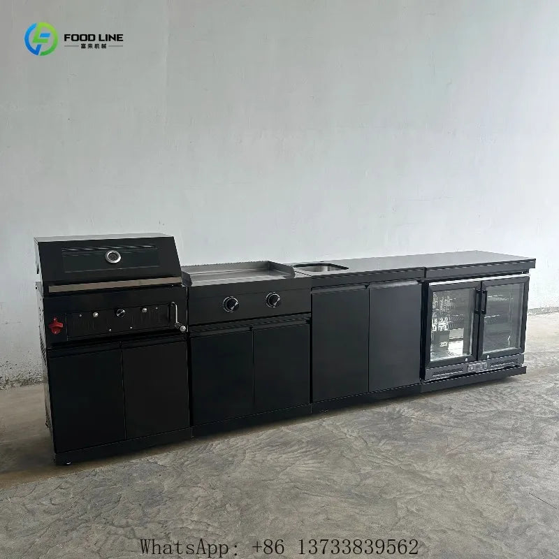 Customized Outdoor Kitchen Set Black 304 Stainless Steel Sink Cabinets Refrigerator Garden Charcoal Grill