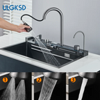 Gun Grey 304 Stainless Steel Waterfall Drainage Kitchen Sink Integrated Digital Display Faucet Set Soap Dispenser Vegetable Pool