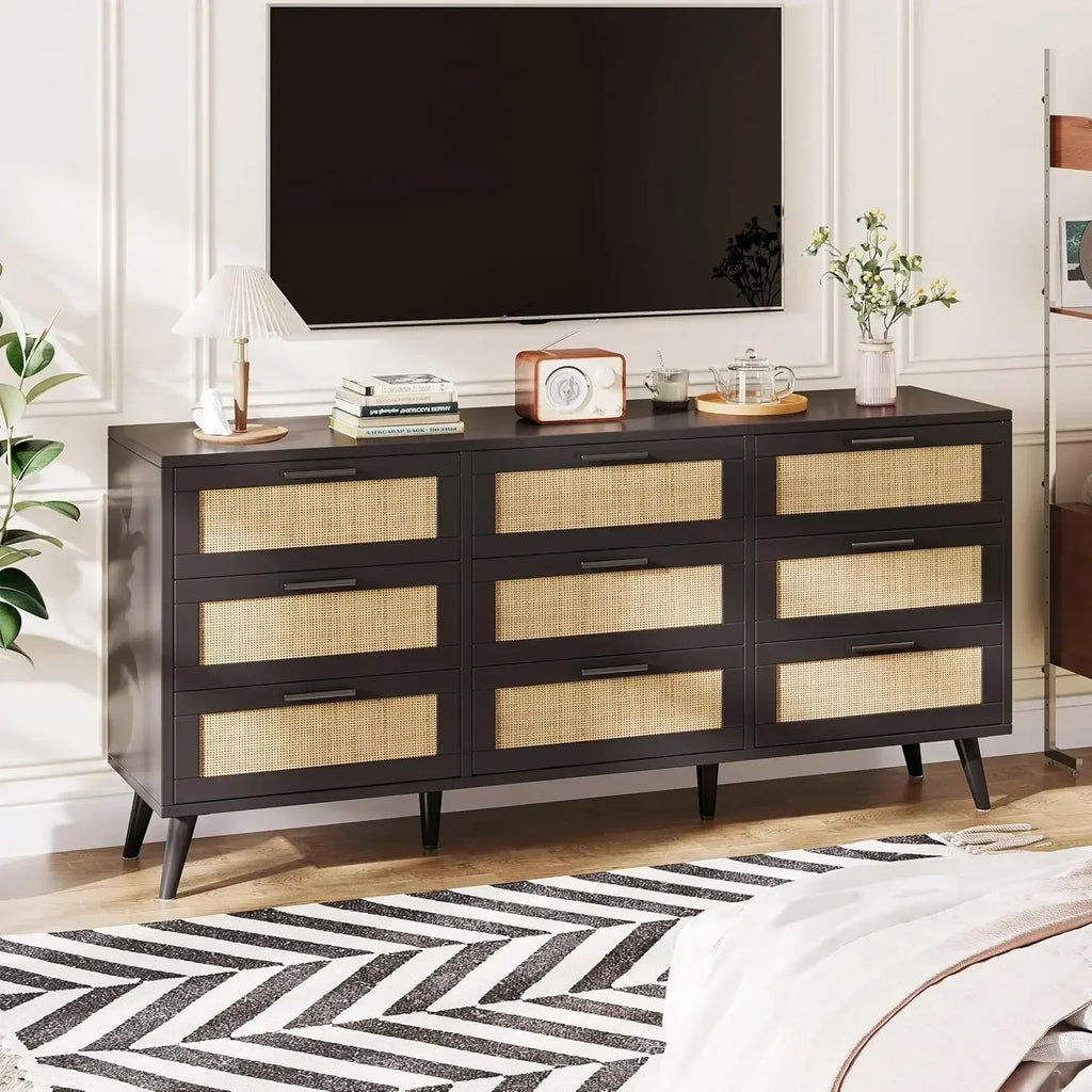 9 Drawer Double Dresser for Bedroom, Rattan Chest of Dressers, Modern Wooden Dresser Chest with Golden Handles, Beside Table