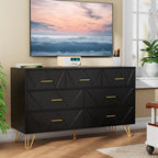 Dresser for Bedroom, 7 Drawer Black Wooden Dresser with Gold Handles, Modern Storage Dressers & Chests of Drawers for Hallway,