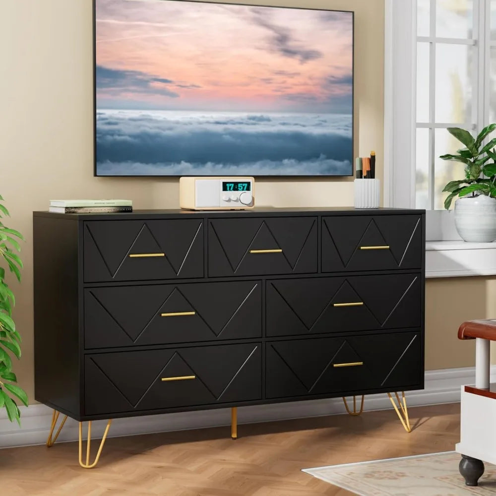 Dresser for Bedroom, 7 Drawer Black Wooden Dresser with Gold Handles, Modern Storage Dressers & Chests of Drawers for Hallway,