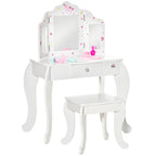 HOMCOM Kids Vanity Table & Stool Girls Dressing Set Make Up Desk with Rotatable Mirrors Drawer Star & Heart Pattern White