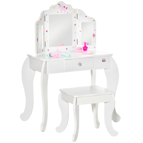 HOMCOM Kids Vanity Table & Stool Girls Dressing Set Make Up Desk with Rotatable Mirrors Drawer Star & Heart Pattern White