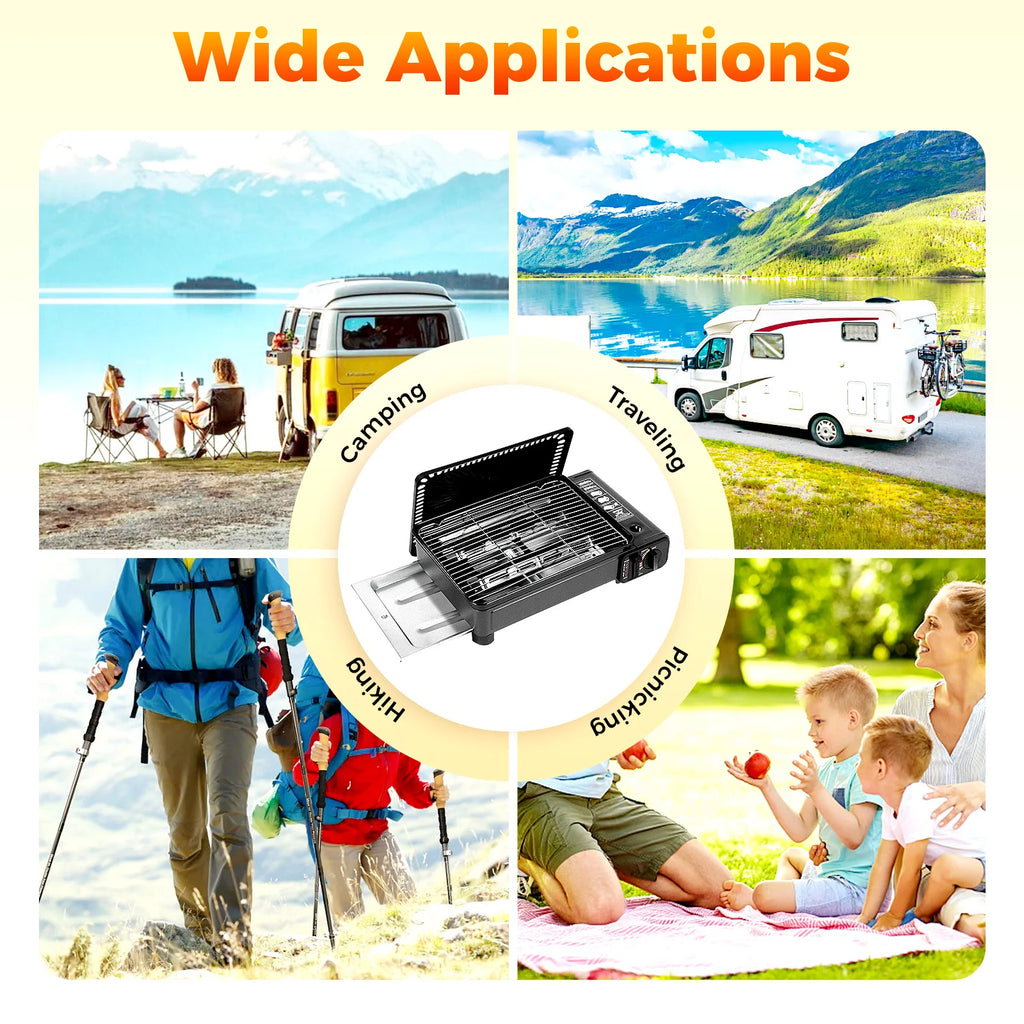 Portable Butane Camping Stove with Storage Box, Overpressure Protection & Adjustable Precise Heat Control for Outdoor Cooking