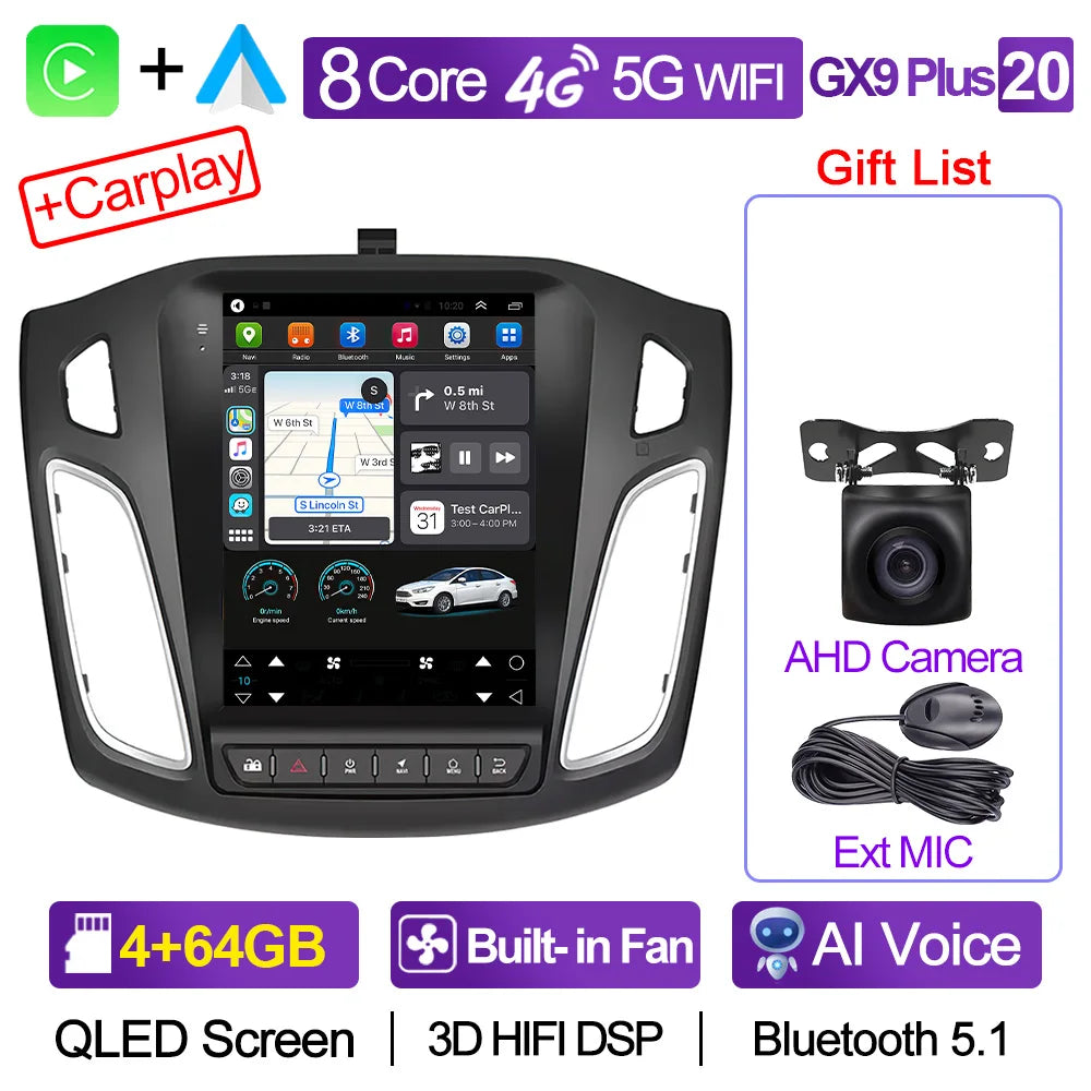 CAIXI GX9 Car Radio Multimedia Player for Ford Focus 3 Mk 3 2011 - 2019 Android 12 2din Carplay Auto Stereo GPS Vertical Tesla