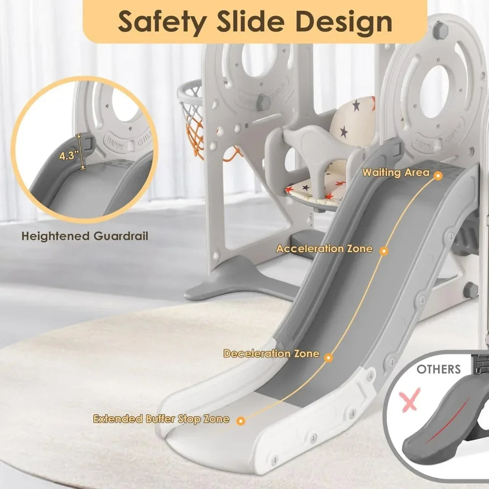 5 in 1 Toddler Slide and Swing Set, Kid Slide for Toddlers Age 1-3, Bus Themed Baby Slide with Basketball Hoop