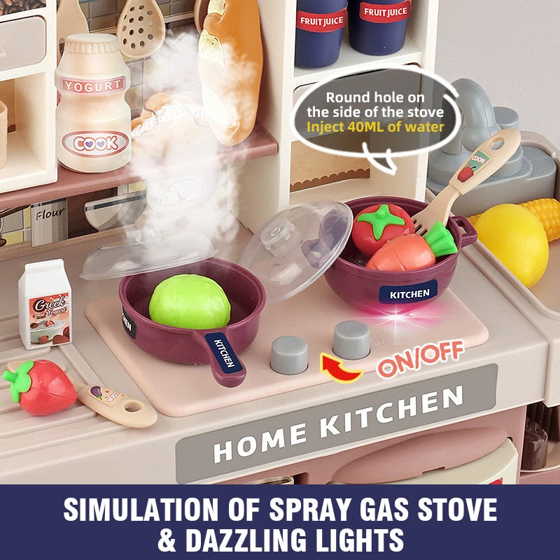 Children's Kitchen Set Simulation Cooking Toy with Spray Steam and Lights for Pretend Play Kids Play