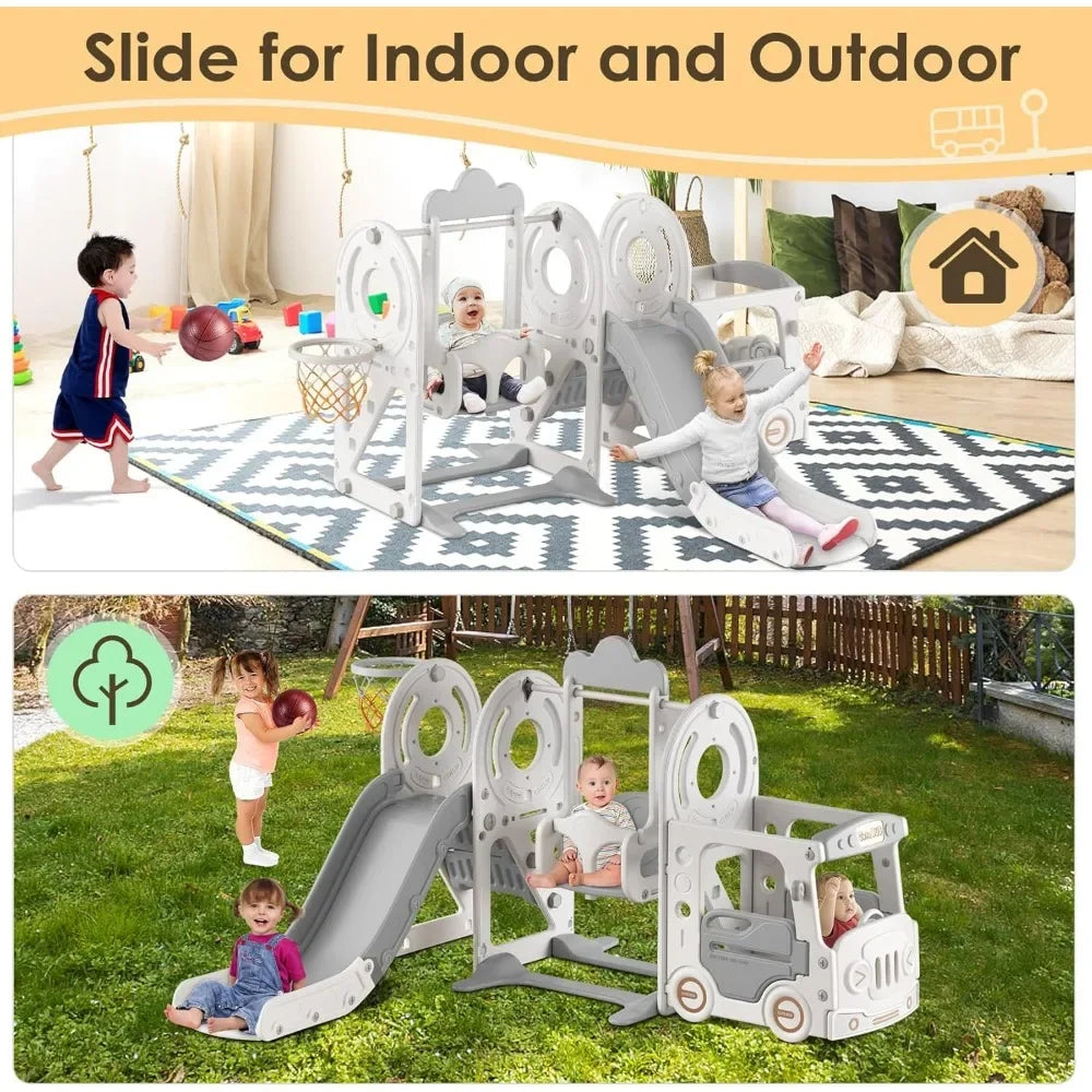5 in 1 Toddler Slide and Swing Set, Kid Slide for Toddlers Age 1-3, Bus Themed Baby Slide with Basketball Hoop