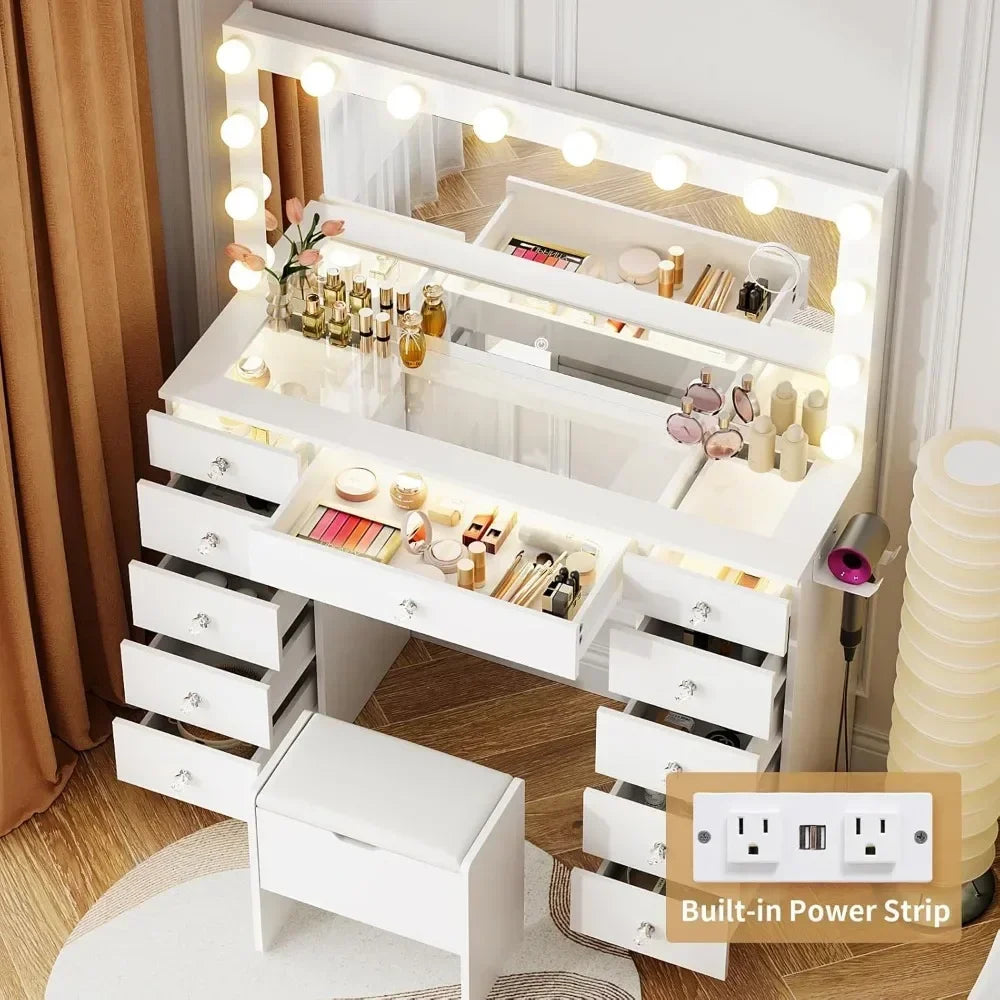 Dressing Table with Illuminated Mirror, with Glass Top and 11 Drawers, 3 Color Lighting Modes, Dresser with Upholstered Stool