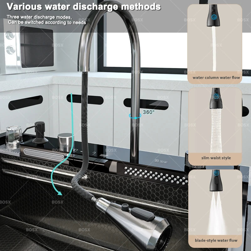 New Stainless Steel Waterfall Kitchen Sink Embossed Extra Large Single Slot Digital Display Dishwashing Sinks With Draining Rack