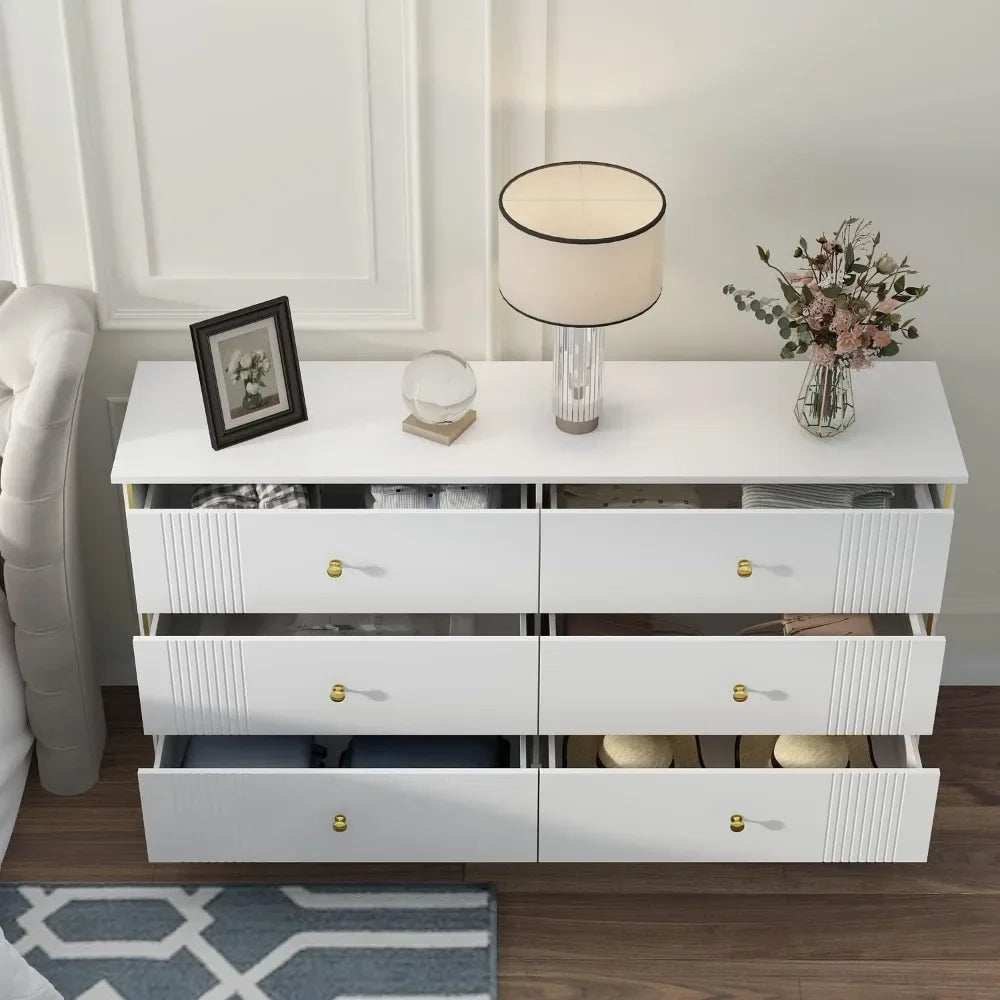 6 Drawer Double Dresser with Modern Faces, Wood Dresser Chest with Decor Drawers and Golden Handles, Storage Chest of Drawers