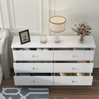 6 Drawer Double Dresser with Modern Faces, Wood Dresser Chest with Decor Drawers and Golden Handles, Storage Chest of Drawers