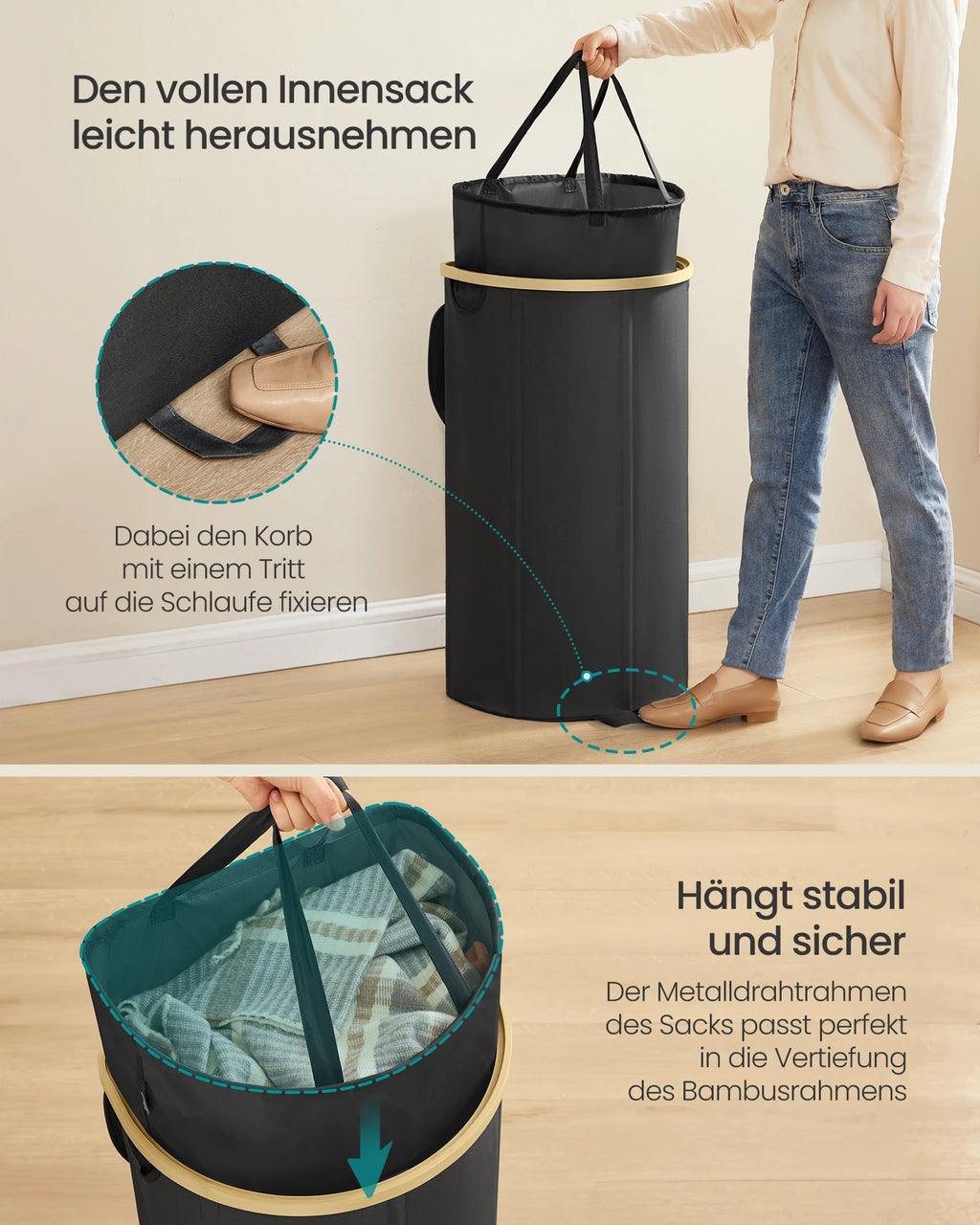 SONGMICS laundry basket Laundry Collector 90 Litre Laundry Ton with Lid Removable Laundry Bag Bedroom