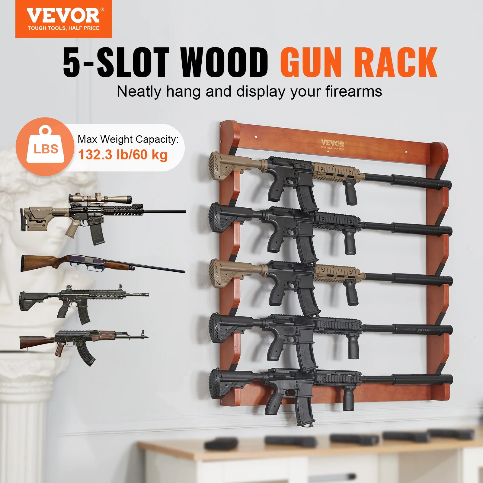 VEVOE Gun Rack Wood Gun Rack Wall Mount Gun Display Rack holds 4/5 Rifles Shotguns 132 lbs Heavy Duty Rifle Rack w/ Soft Padding