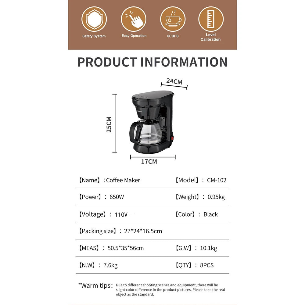 Electric Drip Coffee Maker, Compact Coffee Maker with Reusable Filter, Hot Plate and Coffee Pot