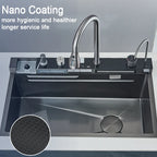 Stainless Steel Kitchen Sink with Faucet Digital Display Large Single Bowl Waterfall Rain 5 Functions System Dish Basin Sink