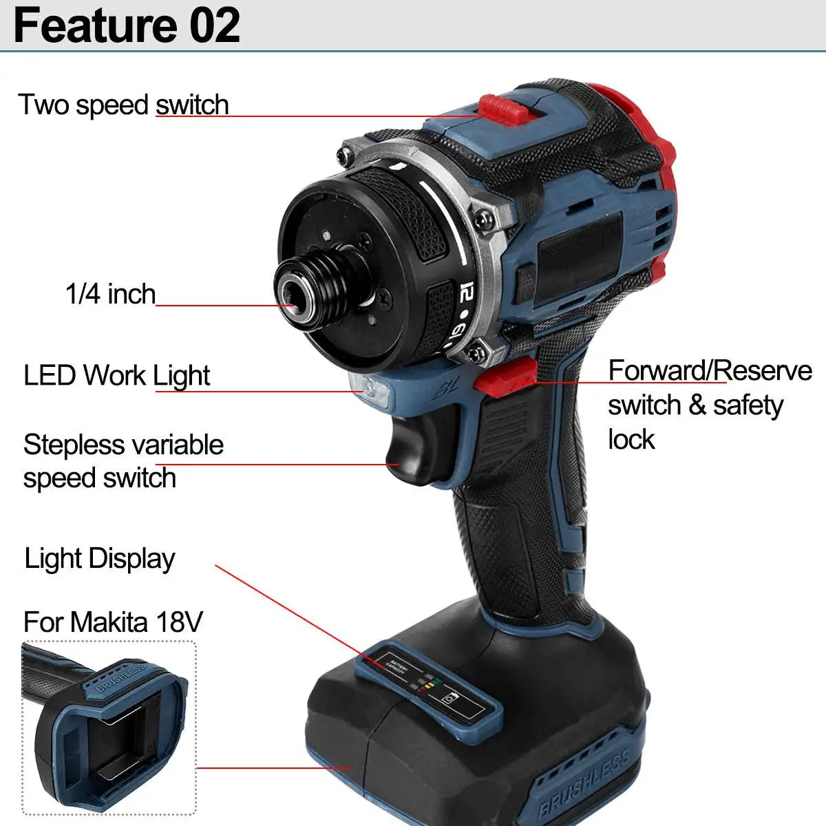 1/4inch 4000rpm Brushless Electric Screwdriver 21+1 Gear Two Speed Cordless Electric Drill Tool For Makita 18v Battery