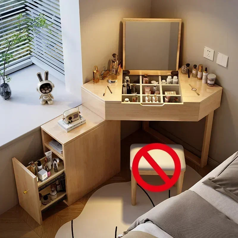 Modern Corner Dressing Vanity with Mirror and Makeup Vanity Set with Charging Station for Bedroom/Cloakroom Wooden Vanity Table