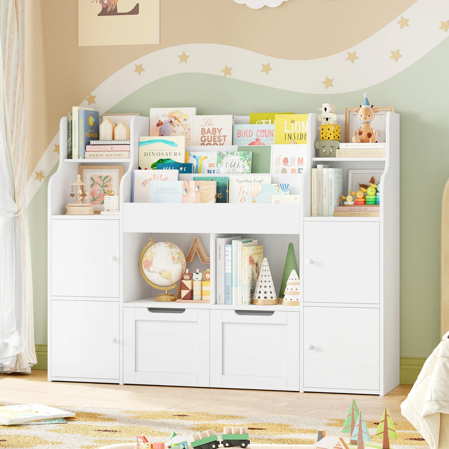 Getone CHILDREN'S room, children's shelf furniture, toys chest, Bookcase, CHILDREN'S wardrobe with 13 shelves 2 doors 2 drawers 122x30x100cm