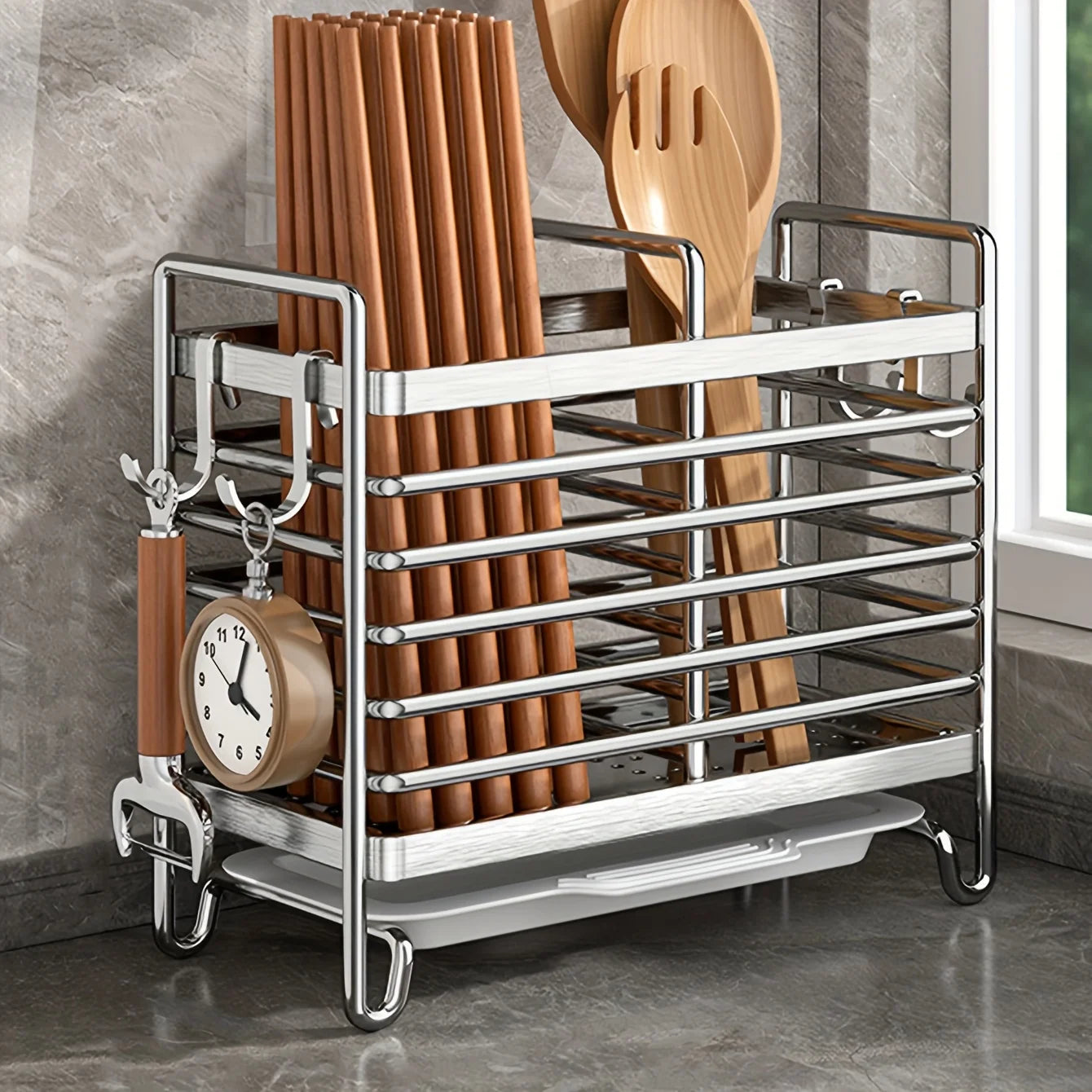 Space-saving 1pc utensil holder: wall-mounted, 2/3 grids, drip tray & 4 hooks. Kitchen must-have!