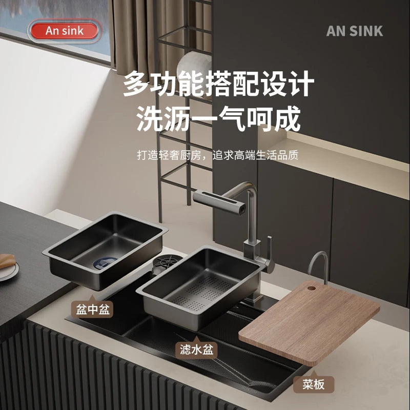 Kitchen Sink Large Single Tank Thickened 304 Stainless Steel Embossed Household Counter Under The Sink Vegetable Basin