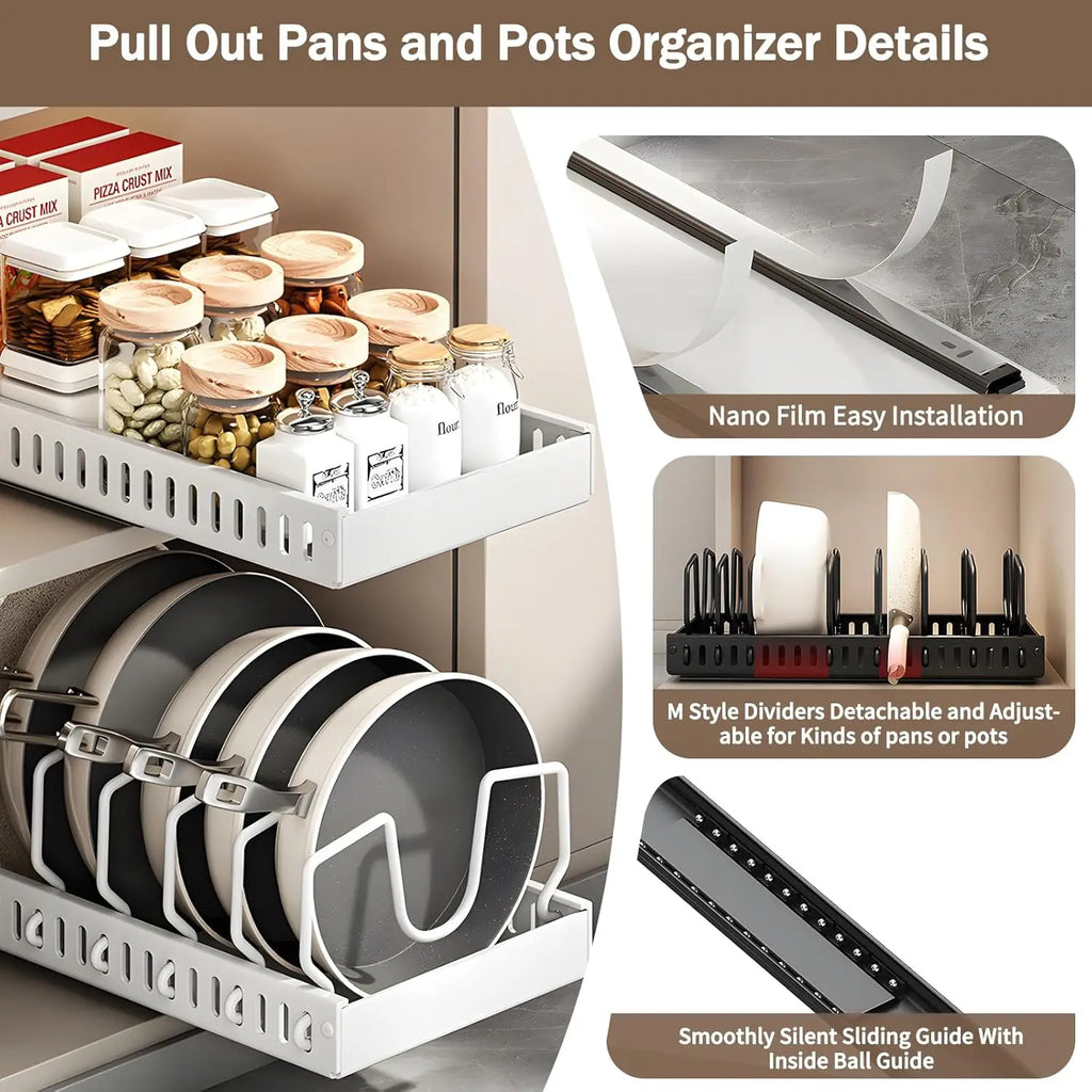 Pull Out Pan Pot Rack Organizer with Adjustable Dividers, Space Saving Under Cabinet Cookware Storage for Pots Pans Lids