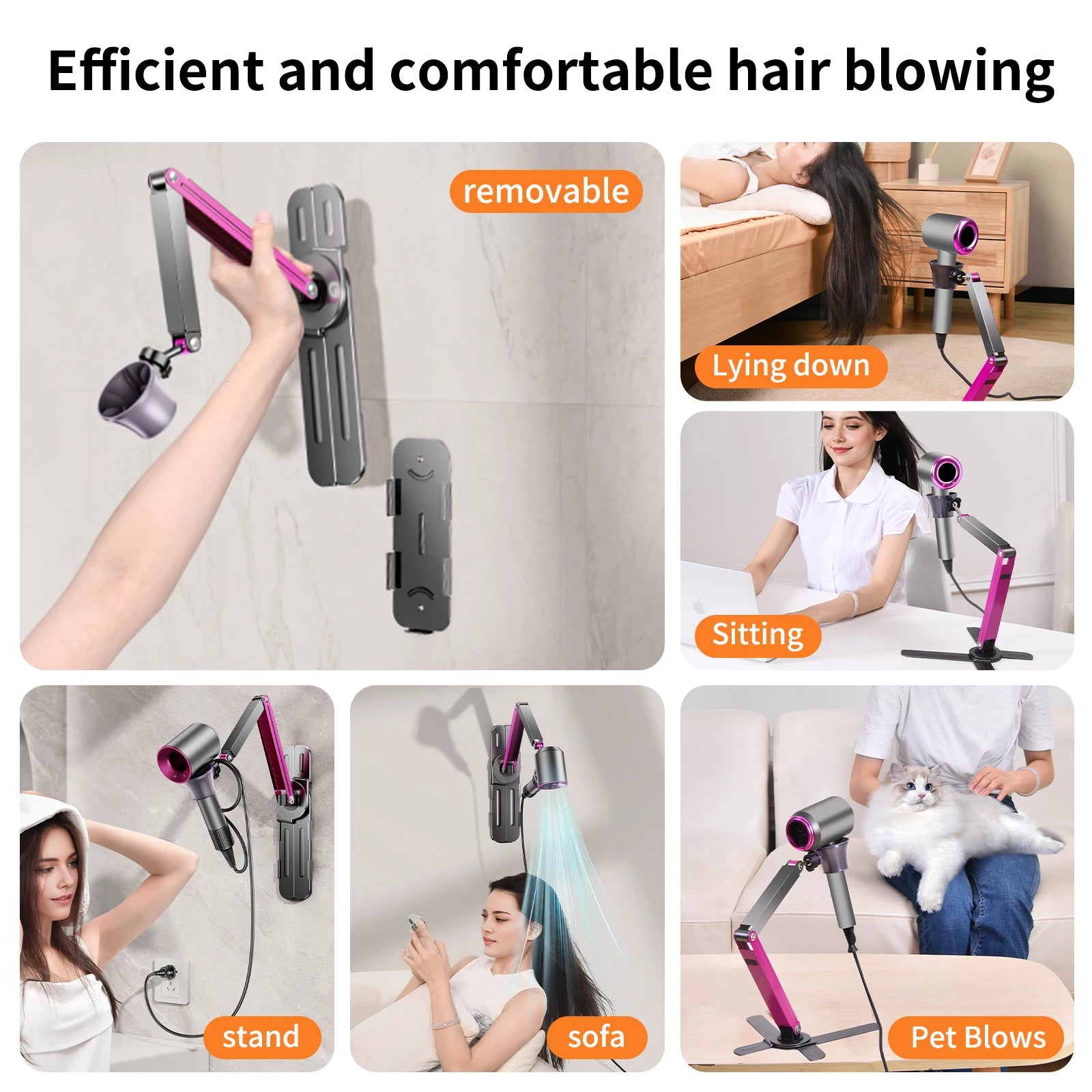 Eary Metal Hair Dryer Holder Wall Mounted Height Angle Adjustable Stand Versatile Free Hands Universal Convenience Furniture