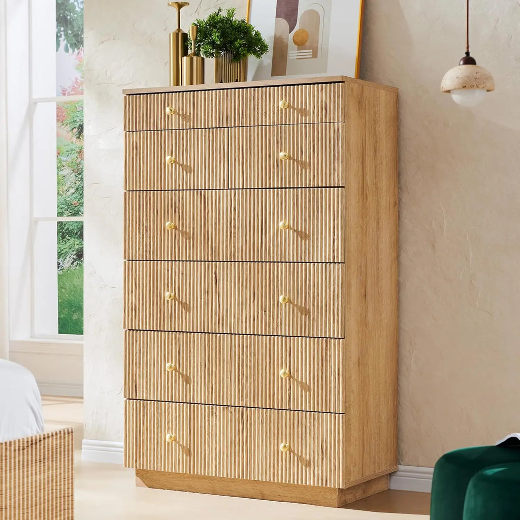Fluted Dresser for Bedroom, 48" H 7 Drawer Dressers, Wood Tall Dresser Storage Organizer, Modern Bedroom Chest with Deep Storage