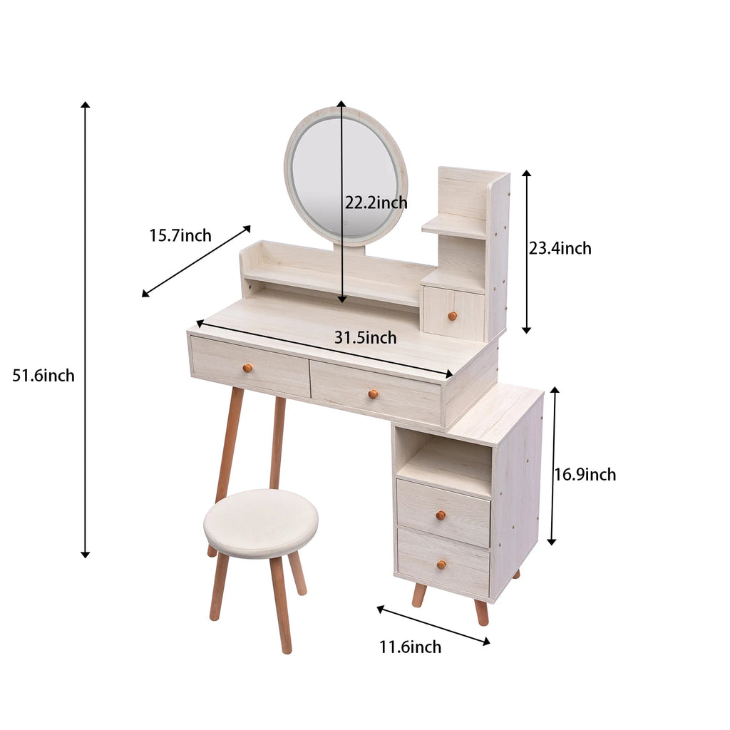Vanity Table + Cushioned Stool Touch Control LED Mirror Large Capacity Storage Cabinet 5 Drawers L31.5"-43.2"x W15.8" x H48.1