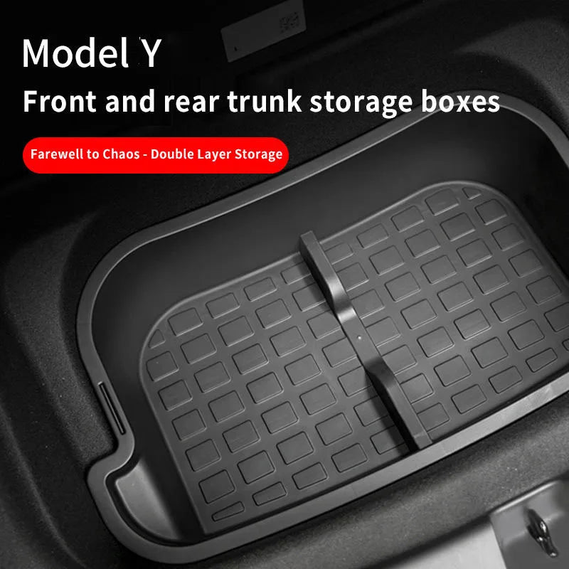 Front & Rear Trunk Storage Box For Tesla Model Y 2024 Double-Deck Luggage Frunk Organizer Box Dustproof Cargo Multi-functional