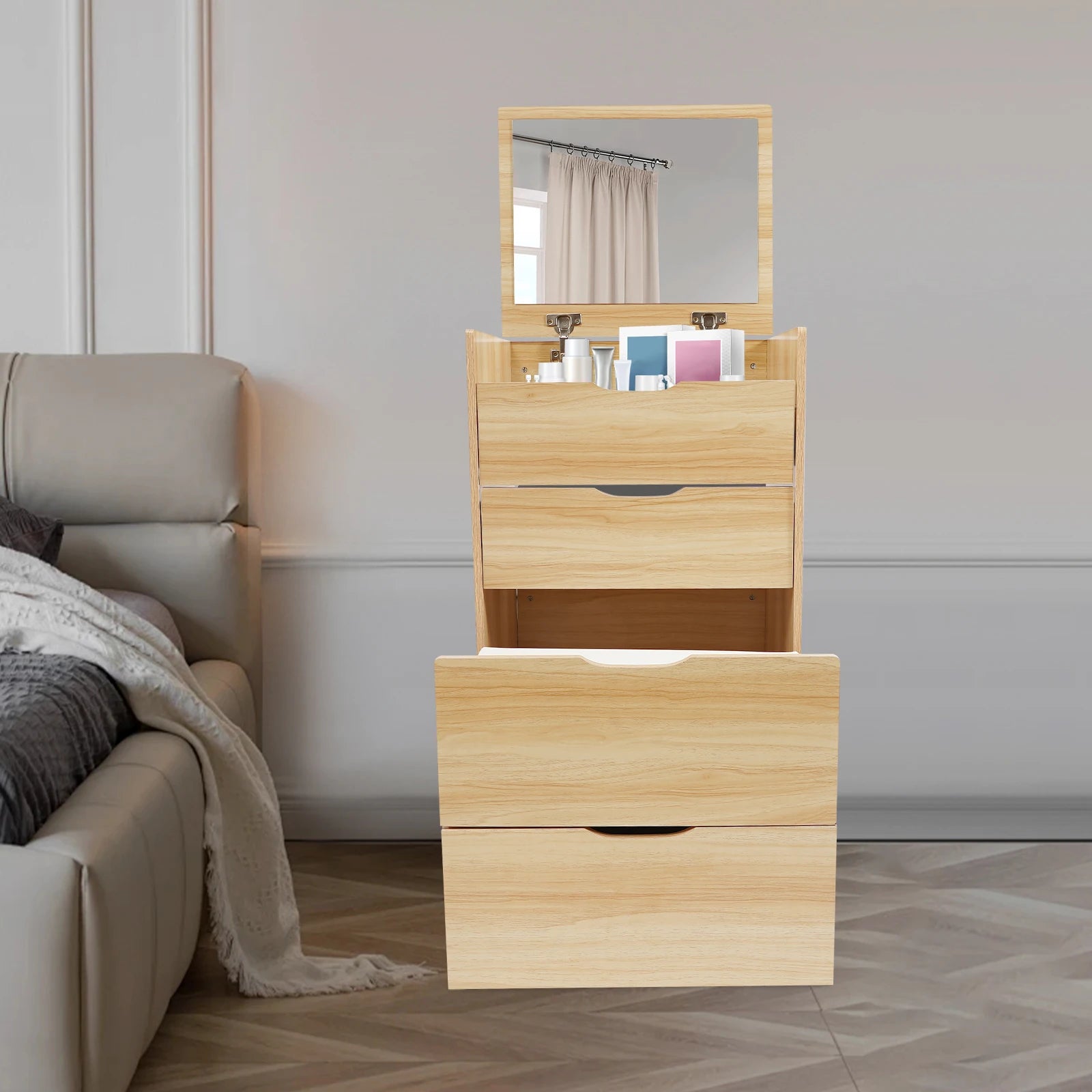 48CM Makeup Table with Makeup Stool, Cabinet with 3 Drawers , +Flip Mirror Modern Style Log Color