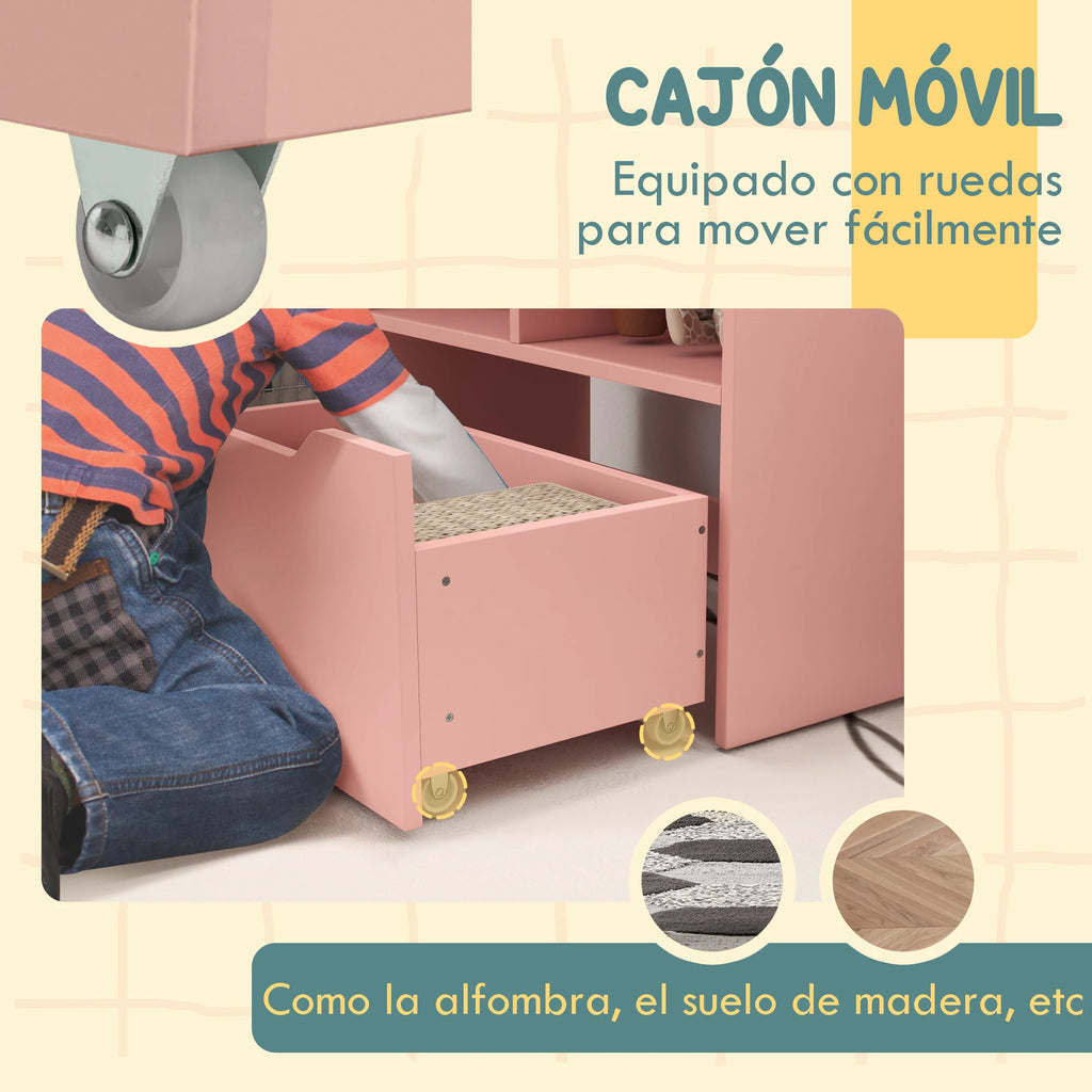 Homcom Children's Bookshelf with 3 Compartments 2 Cubes Drawer and Wheels