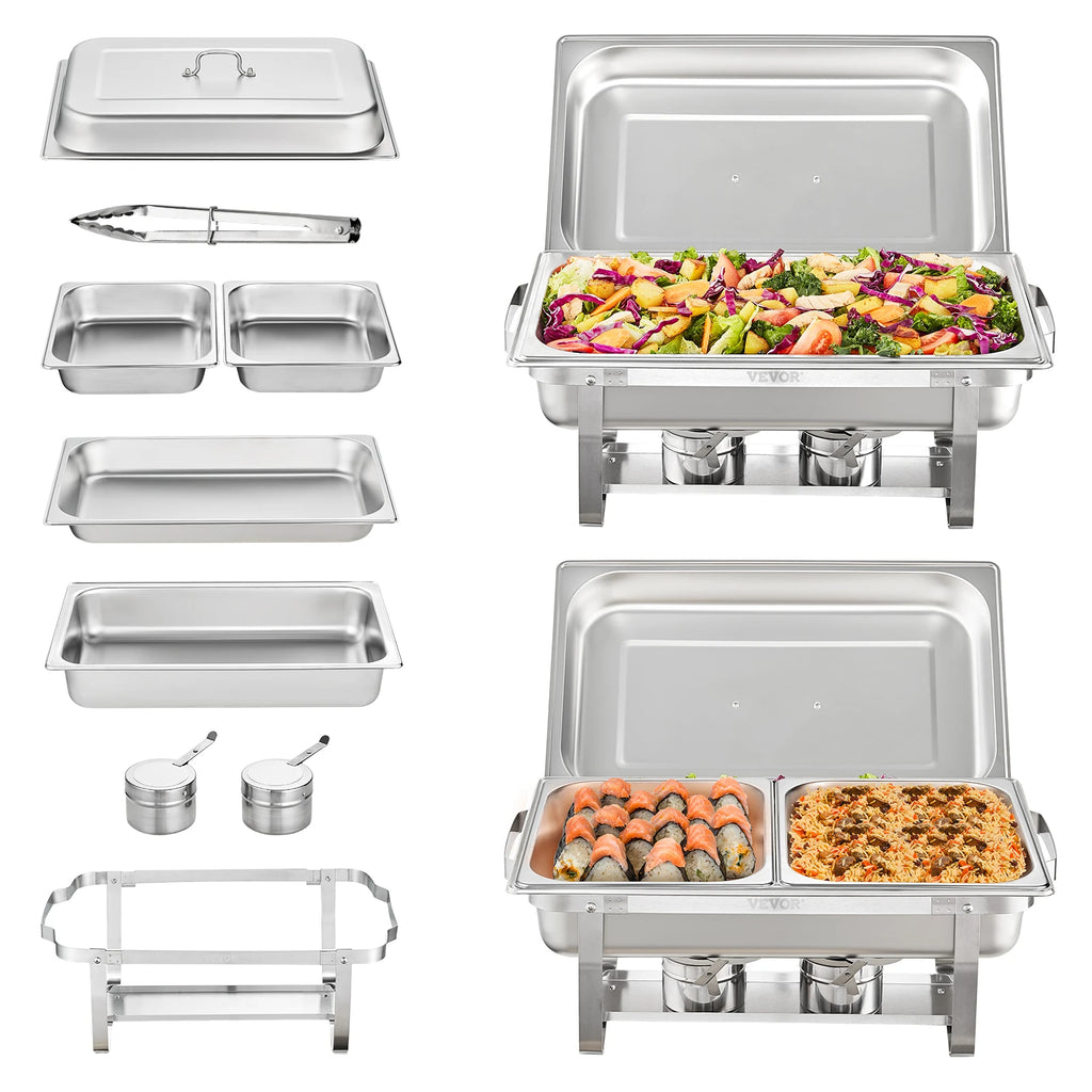 VEVOR 8QT Rectangle Chafing Dish 2/4/6 Packs w/ Full Size Pans Buffet Catering Warmer Server Folding Stand Fuel Holder Tray