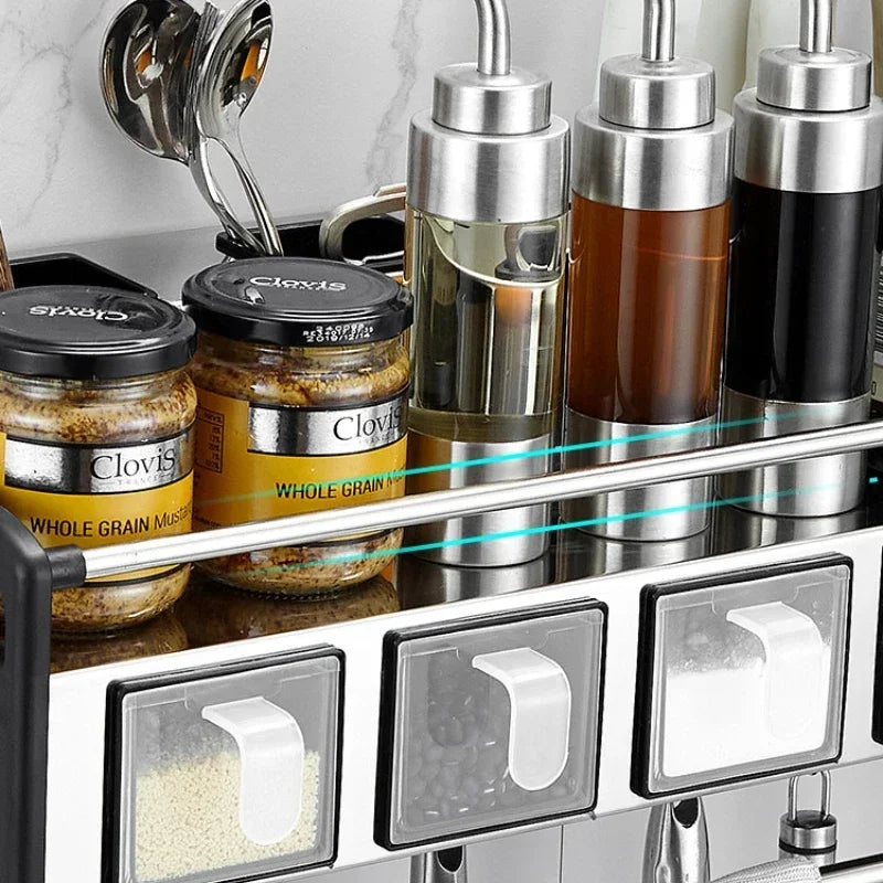 Stainless Steel Kitchen Utensils Holder, Wall-Mounted Spice Rack, Moisture-Proof Storage Shelves, Multiple Grid Partitions