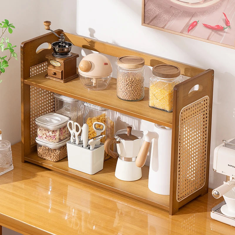 Kitchen Counter Rattan Storage Rack, Home Vanity, Cosmetic Organizer, Spice and Dish Rack, Nan Bamboo Storage Shelf