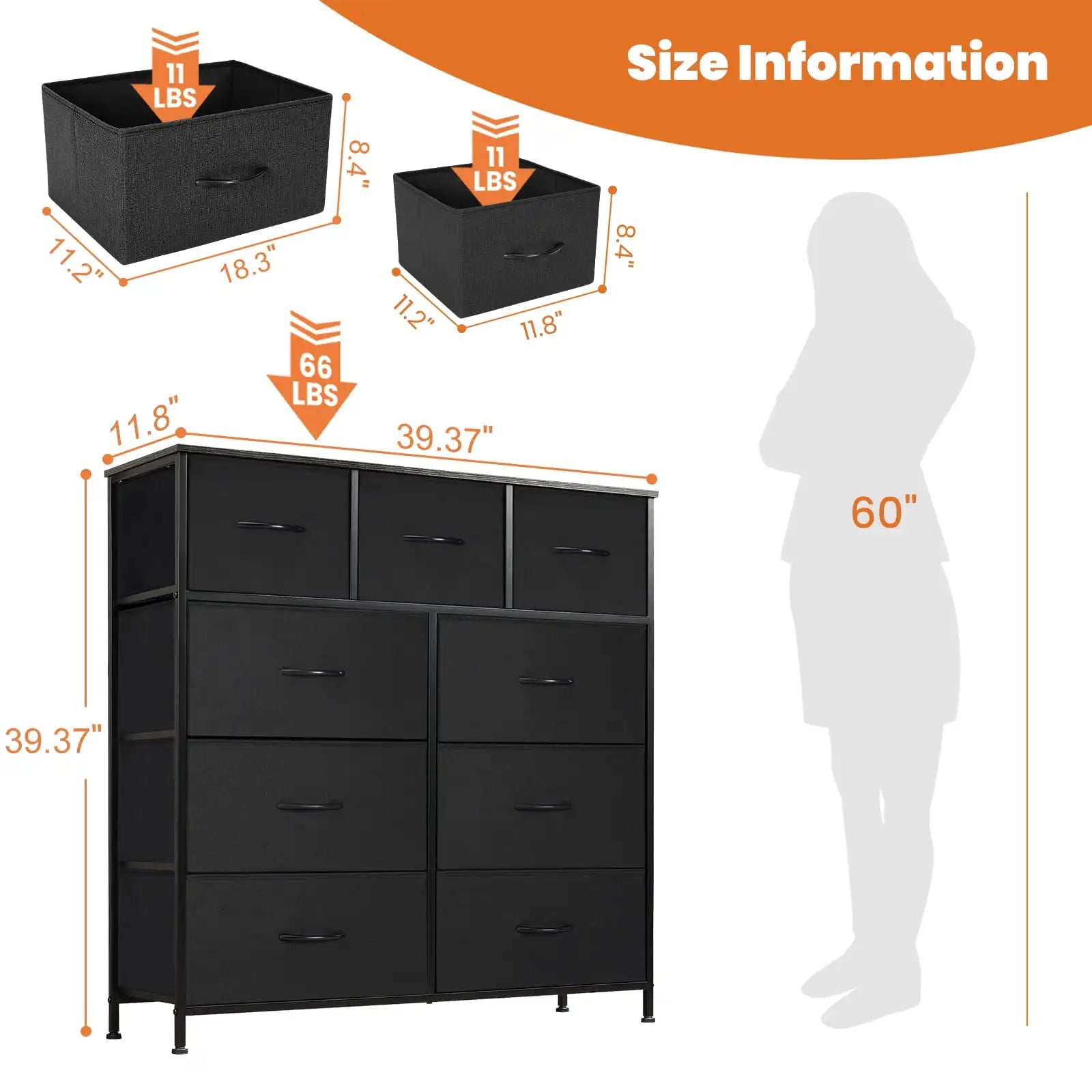 9 Drawers Dresser, Fabric Drawer Cabinet for Home Office, Black