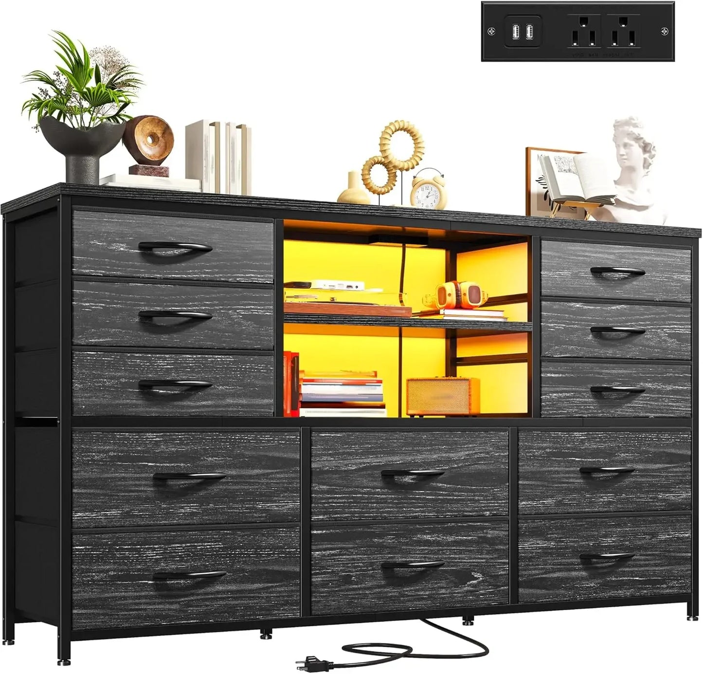 Dresser with LED Lights & Power Outlets, 12 Drawers Dresser TV Stand for 60''TV for Bedroom Dresser Fabric Dressers & Chest