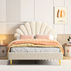 Double bed 140x200 cm, upholstered bed with flower-shaped headboard and slatted frame, stable bed frame, children's bed